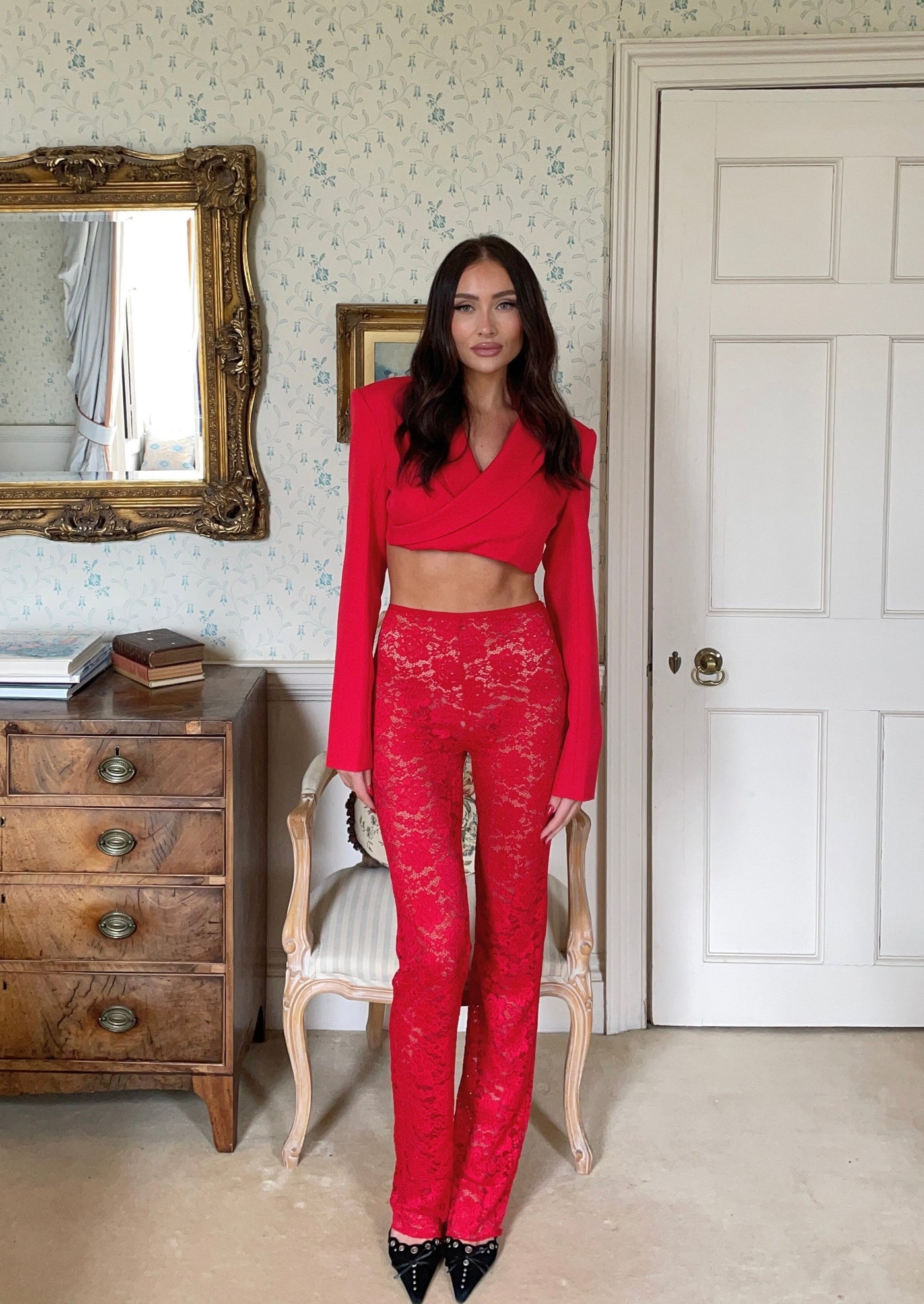 LONG RED KIMMY LACE TROUSERS